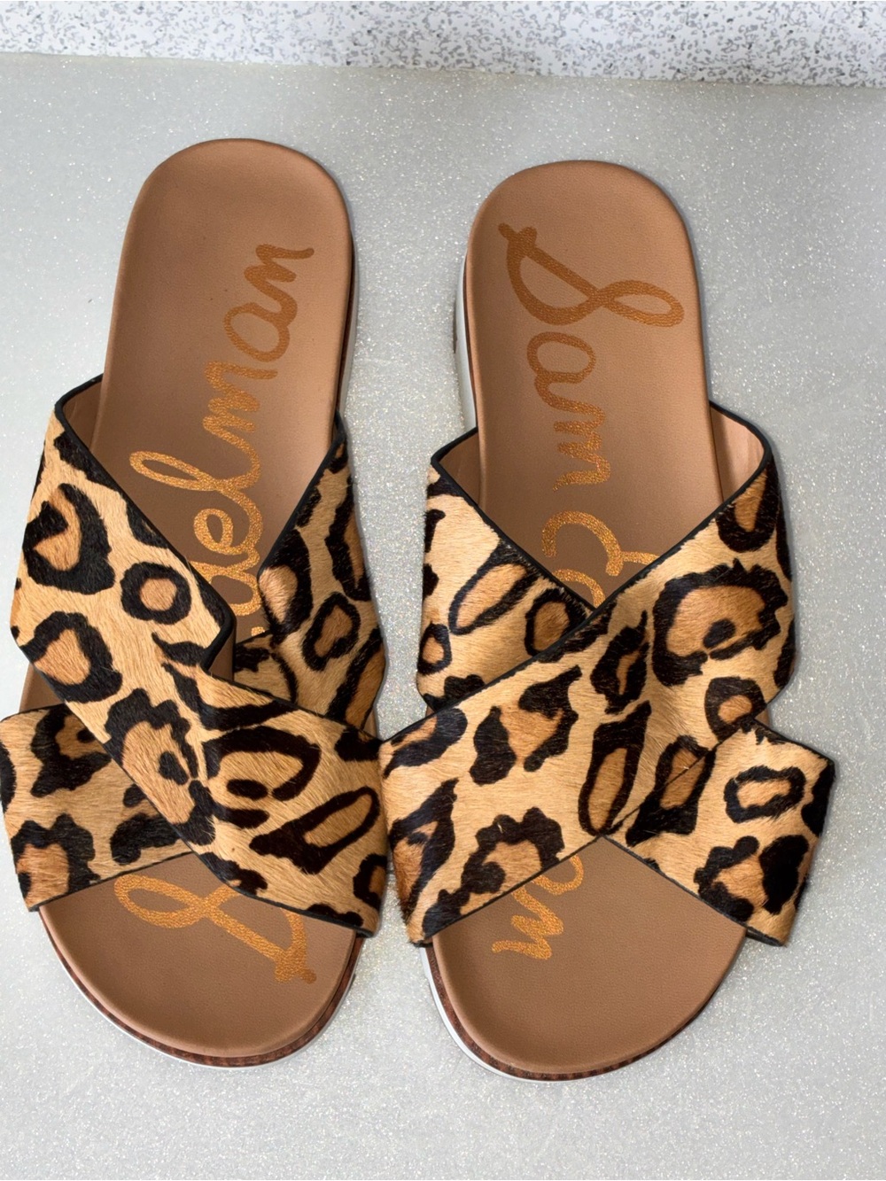 Sam Eldeman Animal  Print Crisscross Slide Sandals - Tan/Black Sz 7